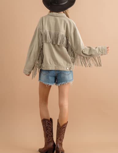 Himythe Women's Rhinestone Fringe Denim Jacket Long Sleeve Casual Tassel Jean Jacket Coat(0335-Khaki-S) #TOP2