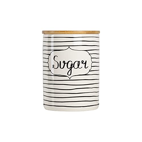 Image of 10 Strawberry Street Labeled Ceramic Kitchen Canister Set, Set of 3, Coffee Sugar Flour, White /Black, Bamboo Lids