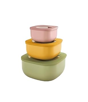 Guzzini - Kitchen Active Design, STORE&MORE BIO Set 3 Contenitori Ermetici Bassi per Frigo/Freezer/Microonde - Multicolore, 19,5 x19,5 x h9,3 cm | 450/975/1900 cc - 17072552