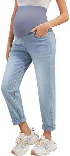 POSHGLAM Women's Maternity Boyfriend Jeans Over Belly Stretch Comfy Loose Casual Denim Pants with Pockets for Everyday Wear(Washed Light Blue, Large)