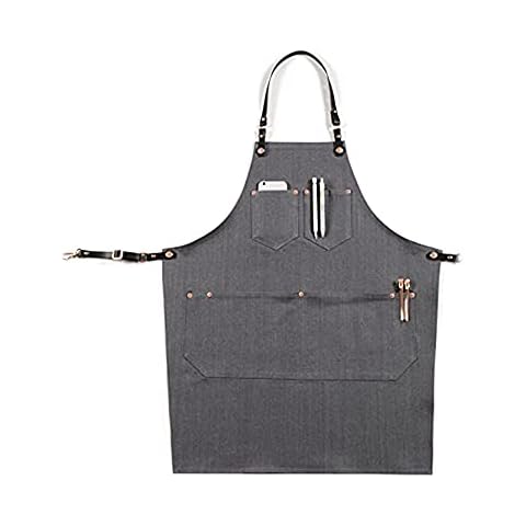 Luchuan Cotton Grey Denim Restaurant Work Aprons with the Adjustable Genuine Leather Belt - grey Cover