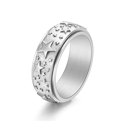 Palotay 8mm Fidget Anxiety Ring Star Titanium Stainless Ring for Anxiety Spinner Band Ring Silver/Gold/Black Stress Relief Spinning Rings for Women Men Wedding Promise Dainty Jewelry Gifts Size 6-12 S11