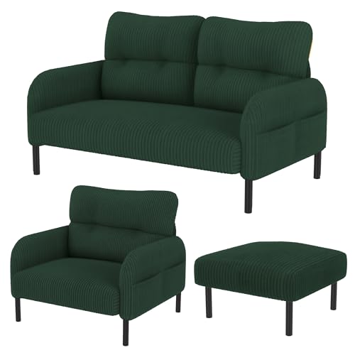 Juego de sofá modular con cordón, sillón ergonómico de 2 plazas y otomana con bolsillos laterales y marco de madera de metal resistente, ideal para salas de estar y apartamentos pequeños (esmeralda, 3