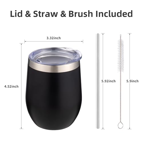 Image of 12 oz Insulated Wine Tumbler with Lid and Straw,Stainless Steel Stemless Wine Tumbler Glasses Double Wall Vacuum Wine Cups Tumbler Bulk for Coffee,Champaign,Cocktail,Office (Black,4)