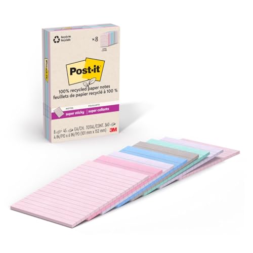 Post-it 100% Recycled Super Sticky Notes, 4 x 6 in, Oasis, 4 Lined Pads
