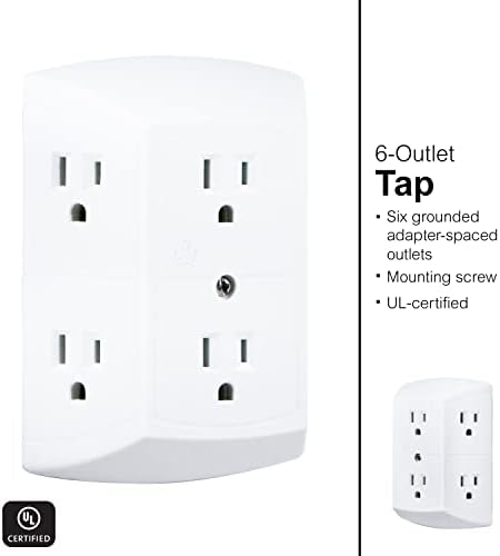 GE 6-Outlet Extender, 2 Pack, Grounded Wall Tap, Adapter Spaced Outlets, 3-Prong Outlet Splitter, Multiple Plug, Quick and Easy Install, Cruise Essentials, UL Listed, White, 40222