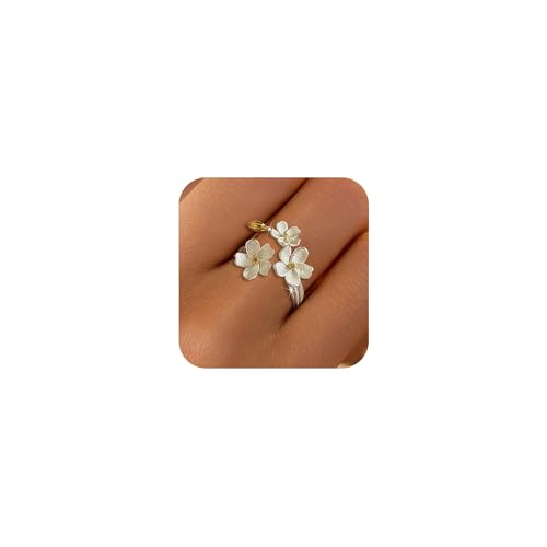 LOVECOM 925 Sterling Silver Flower Rings for Women Dainty 14k Gold Plated Adjustable Open Three Floral Statement Ring Non Tarnish Trendy Promise Ring Jewelry Birthday Gifts for Mom Daughter