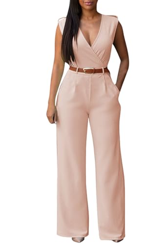 Pink Queen Jumpsuits for Women Dressy V Neck Sleeveless Wide Leg Long Pants Rompers