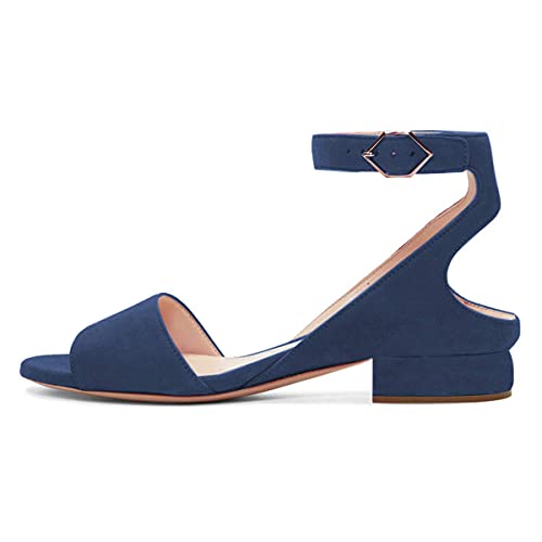Xyd Suede Strappy Low Heel Sandal Pumps For Women Open Toe Ankle Strap Slingback Chunky Heeled Dressy Shoes Size 8 Dark Blue #TOP1