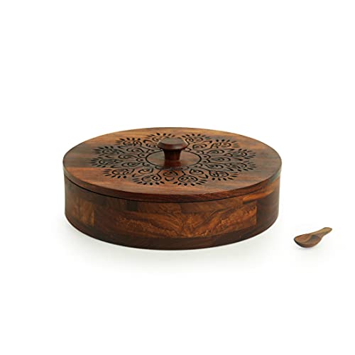 Image of ExclusiveLane 'The Dancing Peacock' Sheesham Wooden Spice Box for Kitchen with Spoon (7 Partitions, 120 ml Each) | Masala Container Spice Box Wooden Namak Dani for Kitchen Masala Box Wooden Dani