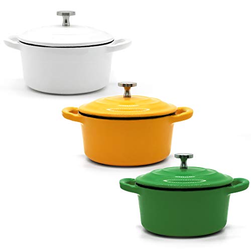 RJ Legend 8.5 oz Pre-Seasoned Cast Iron Camp Dutch Oven with Handle, Enameled, Green White Yellow (Set of 3)