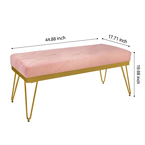 Leejay 44" Pink Velvet Upholstered Kitchen Dining Room Bench With Golden Leg - Entryway Accent Furniture - Extra Sturdy - 44.88L X 17.71W X19.68H Inch #TOP2