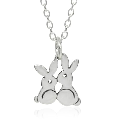 EnCharmed Love Bunnies Charm Necklace for Women, Sterling Silver Dainty Handmade Necklace, Romantic Couple Rabbit Animal Pendant, Everyday Minimal Layering Jewelry, 18
