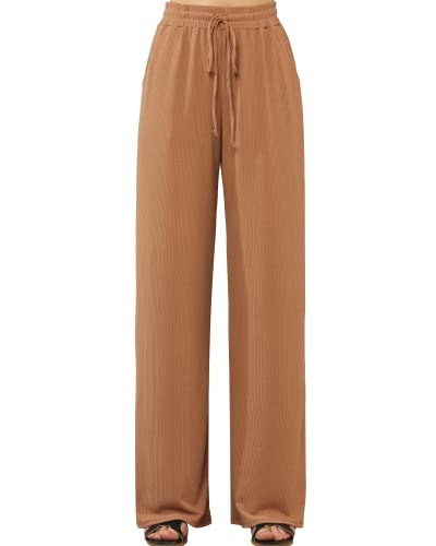 noflik Women's Casual Elastic High Waisted Drawstring Wide Leg Ribbed Knit Pants with Pockets