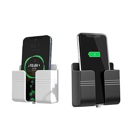 Image of EDNITA Premium Multi-Functional Wall Mobile Phone Holder | Sticky Stand for Charging & Storage | Self-Adhesive Wall Phone Holder with Hook | Bedroom, Office & Other (White & Black - Pack of 2)