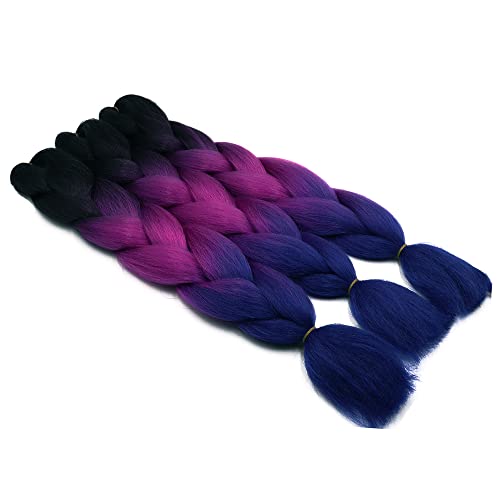 Cybelleza 24inch Braiding Hair Extensions for Braiding Ombre Jumbo Braiding Synthetic Hair 3PCS 300g Crochet Hair Box Braids for Women Braiding Black & Fuchsia & Blue Purple - Image 4
