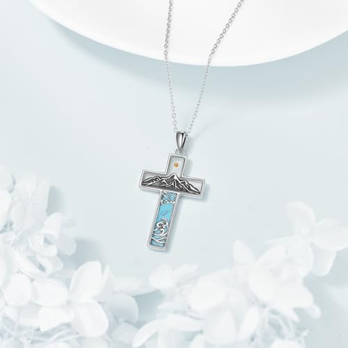 God is Greater than the Highs and Lows Necklace S925 Sterling Silver Turquoise Cross Mountain Pendant Necklace Highs and Lows Christian Jewelry Gifts - Image 4