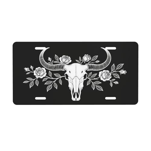 Decorative License Plate, Rose & Skull Bull Horns Design, Waterproof