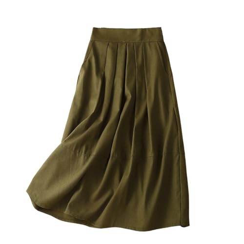 Womens Casual Cotton Linen A Line Skirts High Waist Flowy Business Casual Swing Pleated Long Skirt with Pockets