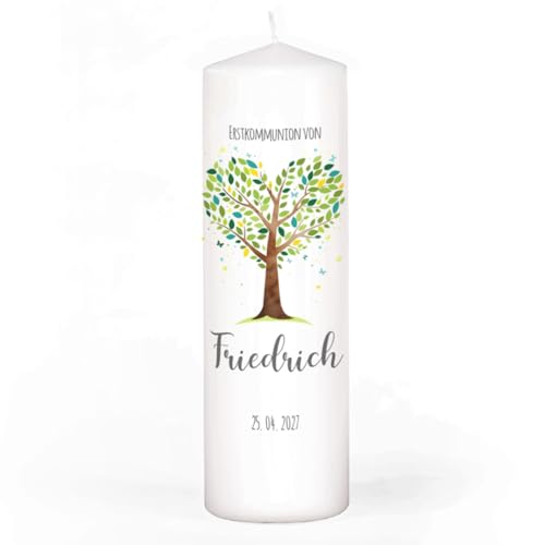 Striefchen personalisierbare Wachskerze für Taufe Kommunion und Konfirmation verschiedene Motive (Lebensbaum grün-türkis 15 cm (H))