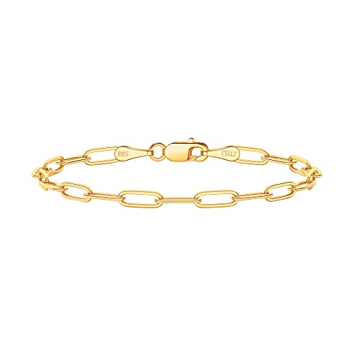 BRIJEWNES 14K Gold Over 925 Sterling Silver Clasp 4mm Paperclip Bracelet for Women Diamond Cut Gold Bracelets for Women Solid Gold Bracelet Gold Jewelry for Women