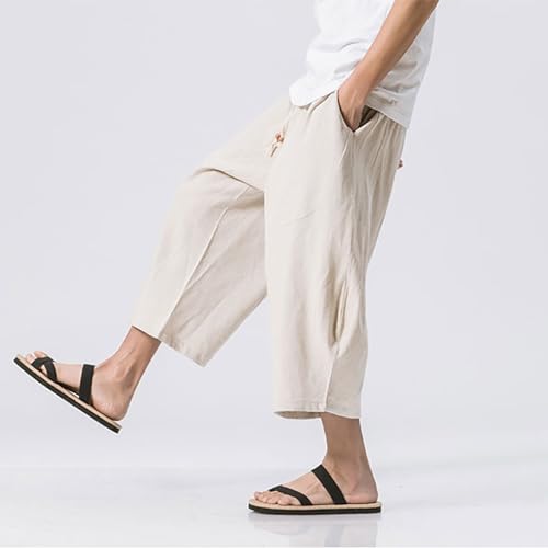 Men's Pants Summer Baggy Capri Pants Relaxed Fit Men Cotton Linen Cropped Trousers Elastic Waist Drawstring Clothing3