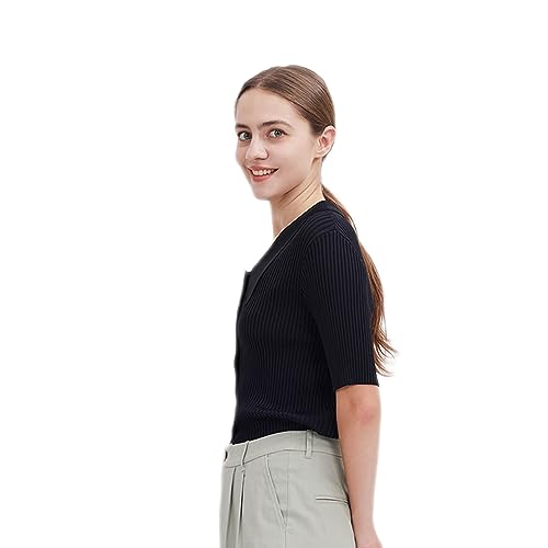 Image of ASSUAL Women Short Sleeve Polo Sweater Lightweight Casual Button Down Cardigan Knit Top