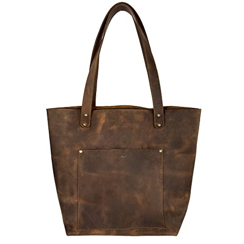 Heather's, Classic Tote Bag with Pouch, Top Handle Shoulder Bag for Women, Full Grain Leather, Handmade, Bourbon Brown