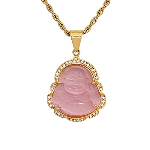 Laughing Buddha Fashion Good Luck Iced Out Bling Pendant Luxury Cubic Zirconia Chain Necklace Gold Plated Amulet Necklace Jewelry Gift for Women Girl Mens Unisex-Small Pink