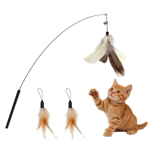 Katzenangel mit Federn und Glocke, Flexibler Drahtstab 86 cm, inkl. 2 Ersatz-Federköpfe
