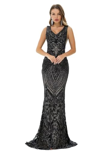 Image of Women's Wedding Bridesmaid Gown Sequined Mermaid V Neck Sleeveless Evening Dress