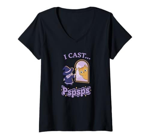 Women's I Cast Pspsps Funny Fantasy Wizard Magic Cute Cat Lover Meme V-Neck T-Shirt