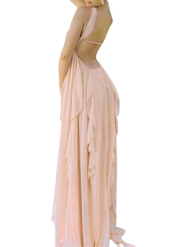 Image of Women Y2k Backless Long Dress Halter Tie Neck Maxi Dress Flowy Beach Sundress Summer Streetwear