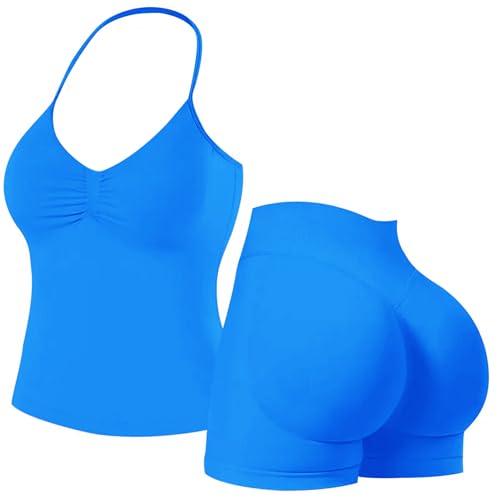 Seamless Gym Sets for Women 2 Piece Halter Crop Top Sports Bras Hidden Scrunch Shorts Yoga Outfits Activewear Tracksuit
