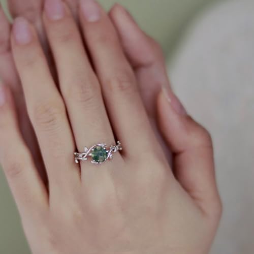 Blocaci Natural Moss Agate Engagement Rings for Women White Gold 1CT Moss Agate Rings Platinum Plated Silver 10K 14K 18K Gold Twisted Leaf Anniversary Promise Rings for Her with Text Engraving3