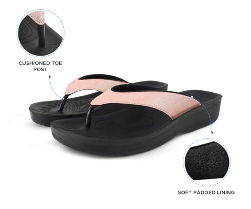 AEROTHOTIC Comfy Flip Flops for Women with Arch Support Orthotic Footbed Stylish Faux Leather Padded Straps with Soft Toe Post & Non-Slip Sole Slip On Casual Indoor and Outdoor Ladies Sandals (Crystal Rose Gold, Size 6) - Thumbnail 6