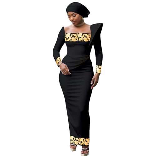African Dresses for Women High Waist Embroidery Elegant Traditional Midi Dress with Headscarf Black Medium