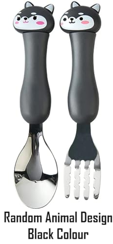 Image of Stainless Steel Baby Feeding Spoon and Fork Set with Travel Case, Perfect Size Feeding Spoon and Fork Set for Toddlers & Kids (Random Design, Black)