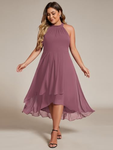Image of Ever-Pretty Plus Women's Sleeveless Halter A Line Pleated High Low Plus Size Wedding Guest Cocktail Dresses 31926-DA