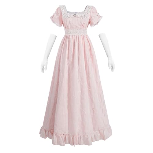 CR ROLECOS Regency Dresses Victorian Empire Waist Dress for Women Tea Party Puff Sleeve Costume Gown with Gloves Pink XL