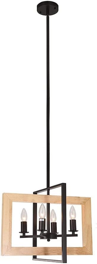 Lustre de ferme 4 lumières en bois et métal noir rustique pour îlot de cuisine suspendu E27