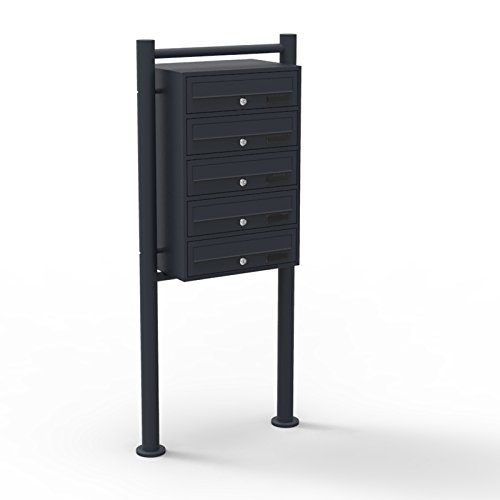 Wiltec 5er Briefkastenanlage schwarz 556 x 270 x 1500 mm, Standbriefkasten mit 5 Fächern, Schlüssel und Namensschild, Briefkasten Postkasten mit Ständer
