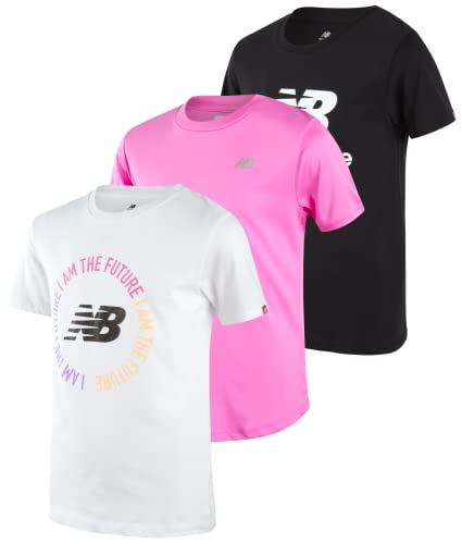 New Balance Girls Athletic T-Shirt - 3 Pack Active Performance Short Sleeve Sports Tee Bundle (Sizes: 7-16), Size 10-12, White/Pink/Black