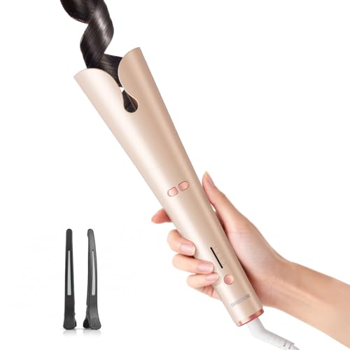 Automatic Rotating Curling Iron for Beginners, 1.25'' Beach Waves Curling Wand for Long Hair with Anti-Scald Cover, 500 Million Ionic, 3 Temp 2-Way Rotating, Dual Voltage Travel Hair Curler, Champagne