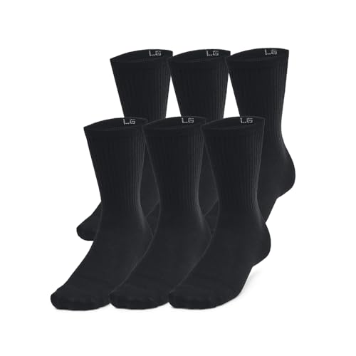 Under Armour Unisex Essential 6 Pack Crew, calcetines de gimnasio ultrafinos y ligeros, calcetines deportivos con soporte plantar y tecnología antiolorBlack/Black/Castlerock,MD