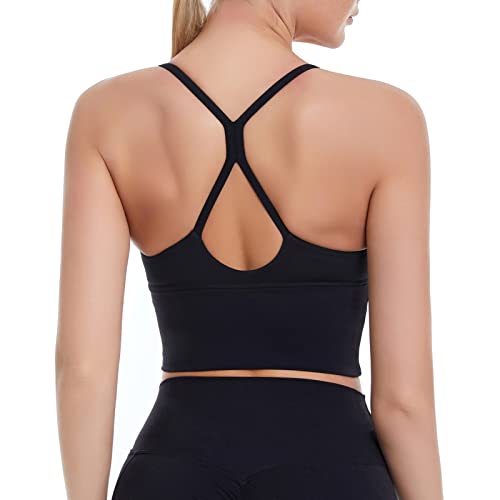 Mathacino Sports Bras Longline Fitness Crop Tops Tank Gym Camisole Yoga Running Shirts V-Neck Spaghetti Strappy Workout Yoga Crop Bra Black #TOP6