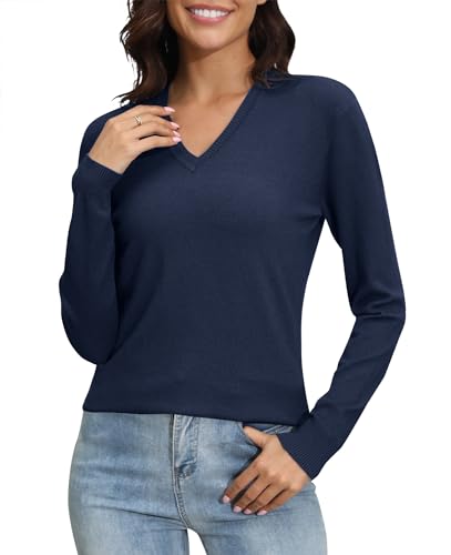Image of EXCHIC Women's Long Sleeve V-Neck Casual Sweaters Fall Classic Soft Knit Top 2026 Fit Basic Pullover Tops