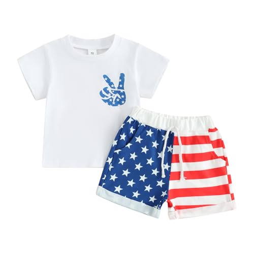 Rarjuiey Toddler Baby Boy Girl 4th Of July Outfits Short Sleeve Embroidery T-Shirt Shorts Set 2Pcs Patriots Summer Clothes (White american, 0-6 Months)