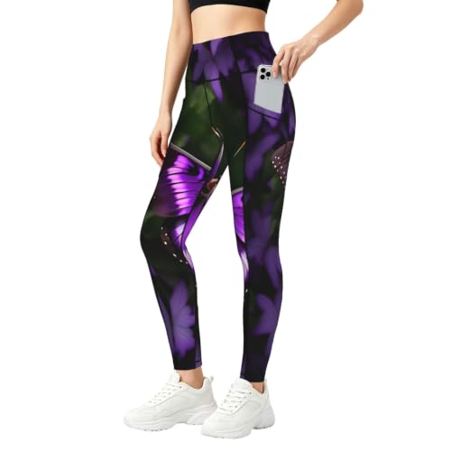 Pantalones de yoga con estampado de mariposas moradas opacos con bolsillos antirozaduras
