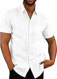 SEAYIJIA Mens Linen Shirts Short Sleeve Cotton Linen Shirts Casual Summer Shirt with Pocket Casual Beach Shirt, White XL